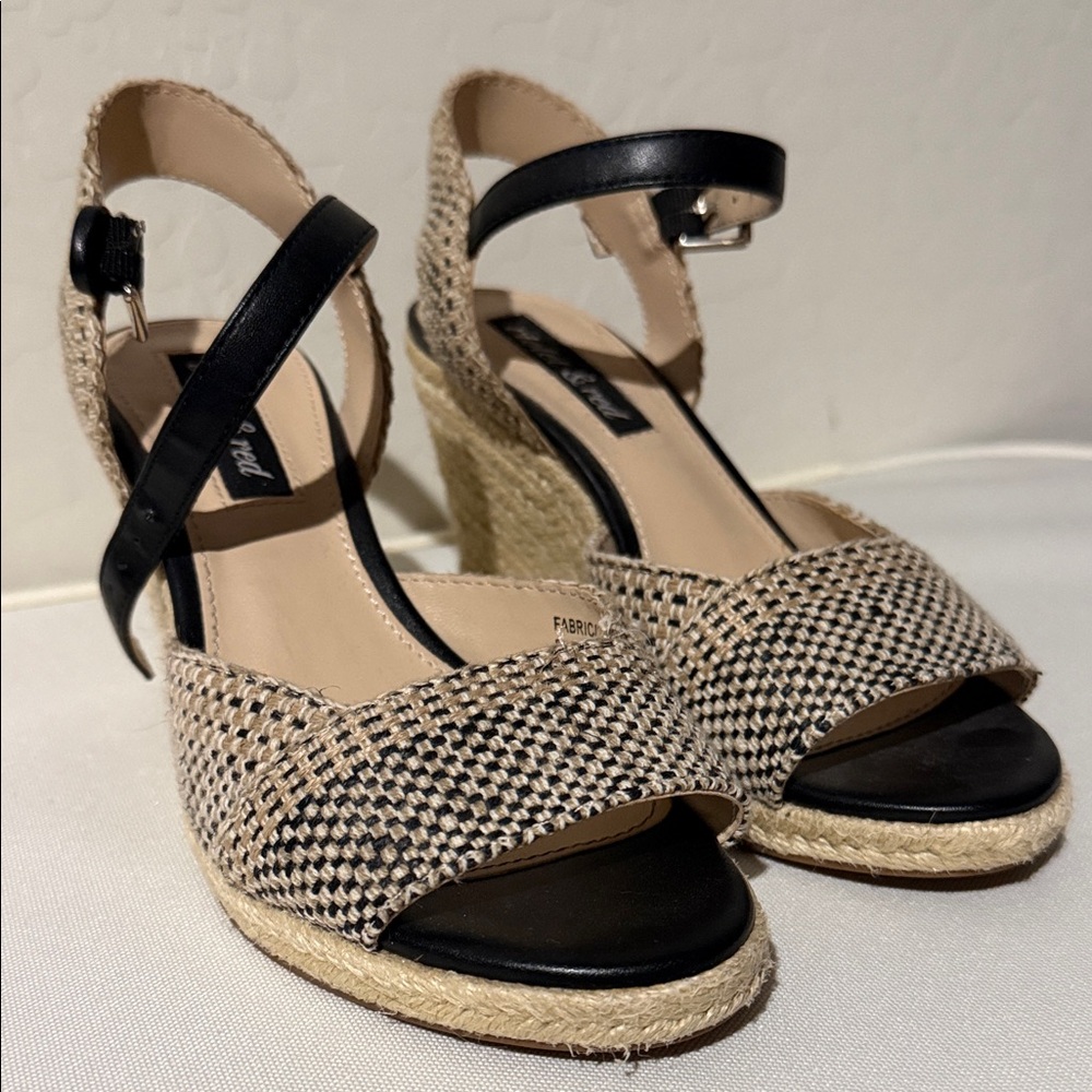 Woven Black and Natural Ankle-Strap Wedge Sandals